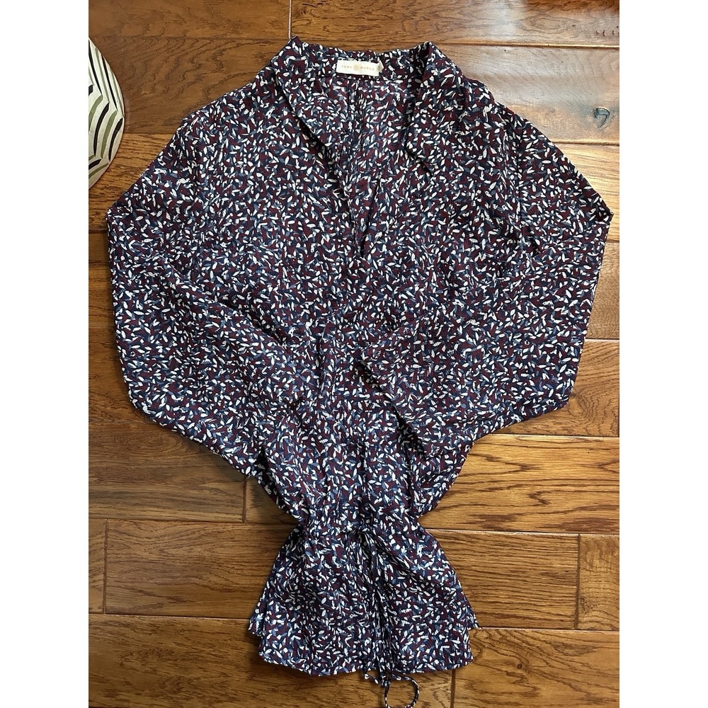 Tory Burch Tunic Top Size 12 Burgundy Navy Geometric Print Cinched Waist Shirt